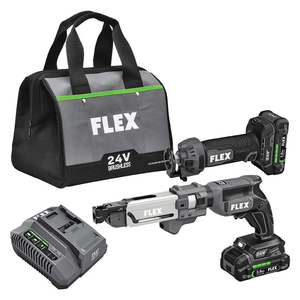 Flex 24V Drywall Screw Gun, AutoFeed Attachment & Cut-Out Tool Combo Kit (2.5Ah) FXM203-2A